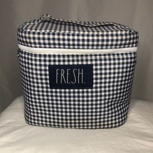 RAE DUNN “FRESH” insulated blue and white checkered lunch tote bag.